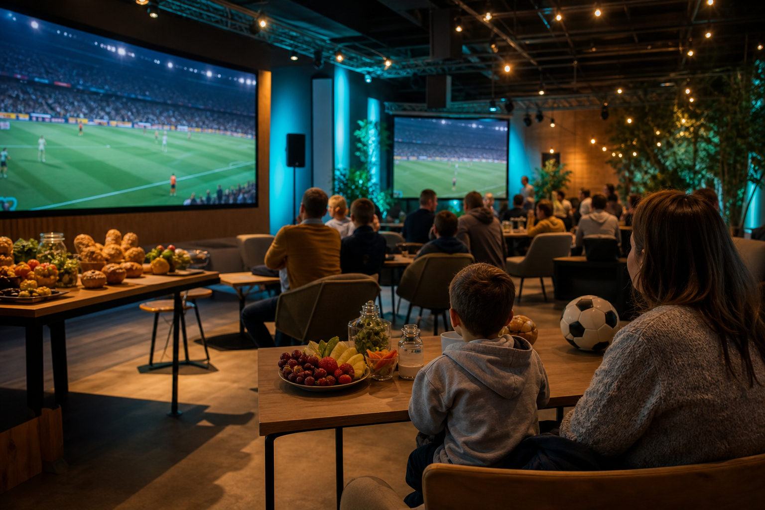 Fanzone met supporters, eten, drinken en schermen