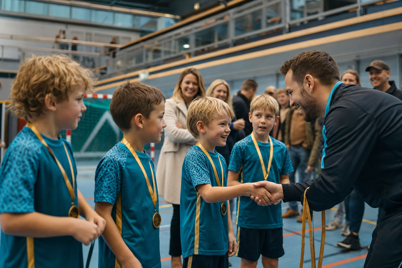 Kinderen ontvangen medailles na een sporttoernooi